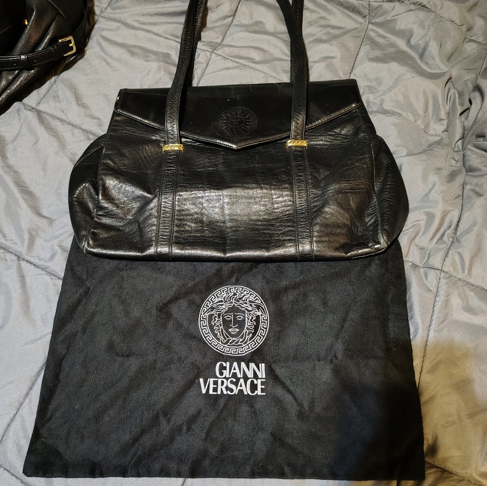 Gianni Versace Black Leather Bag with Gold Hardware